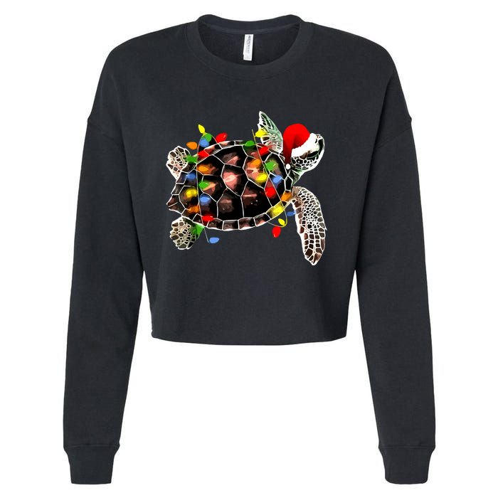 Sea Turtle Christmas Lights Funny Santa Hat Merry Christmas Cropped Pullover Crew