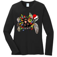 Sea Turtle Christmas Lights Funny Santa Hat Merry Christmas Ladies Long Sleeve Shirt