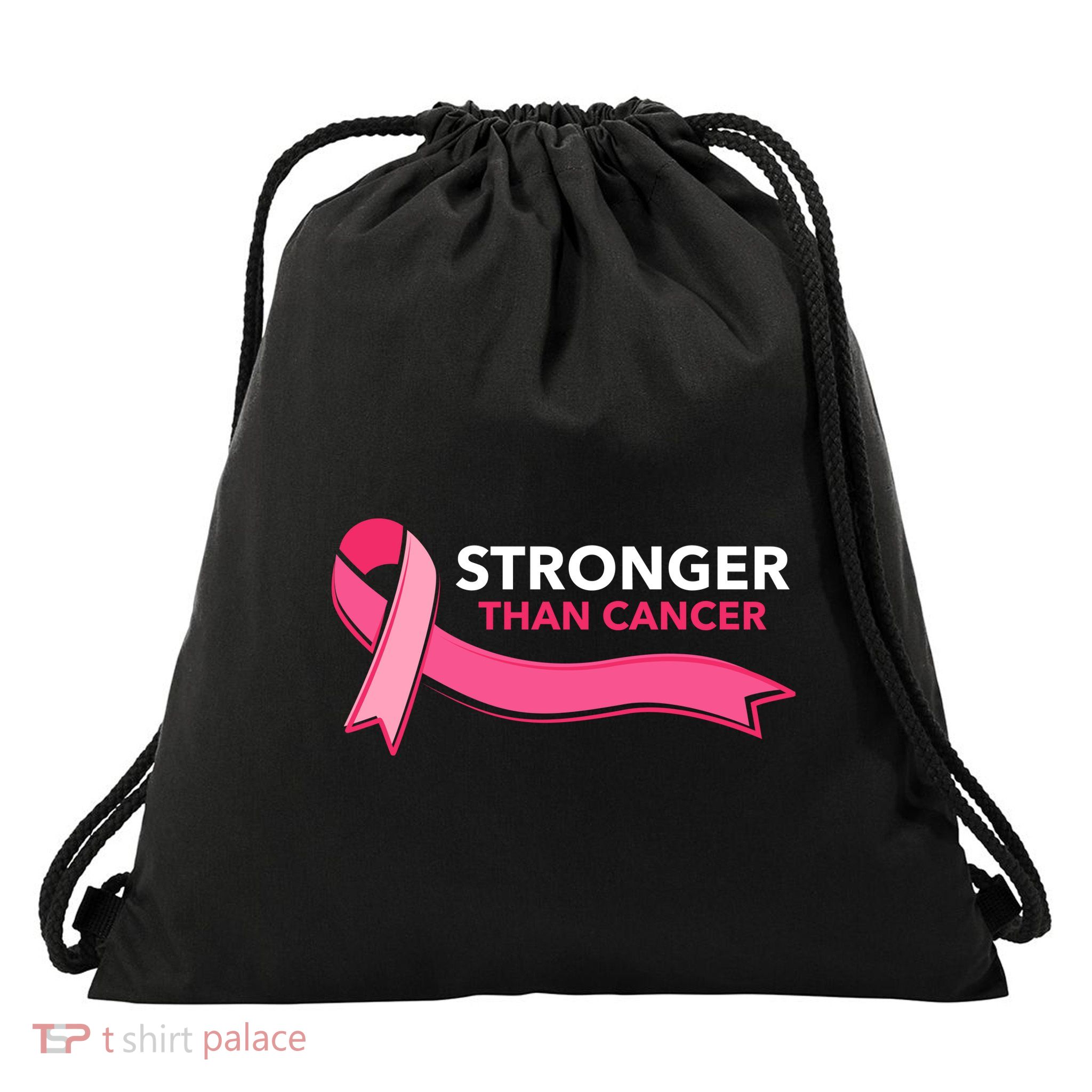 Stronger Than Cancer Pink Ribbon Drawstring Bag