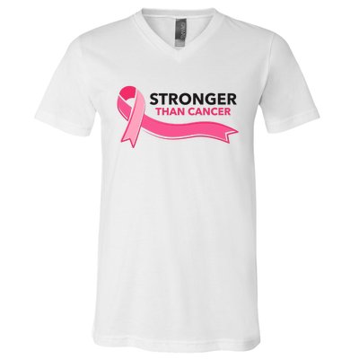 Stronger Than Cancer Pink Ribbon V-Neck T-Shirt