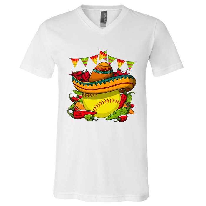 Softball Team Cinco De Mayo Tacos And Softball V-Neck T-Shirt