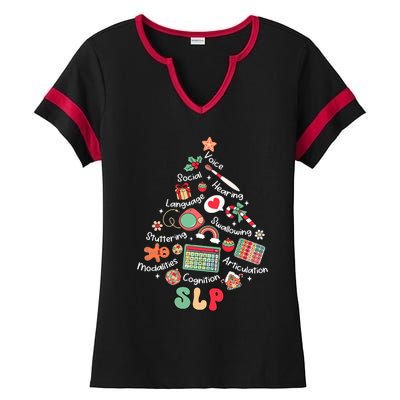 Speech Therapy Christmas Tree Merry Xmas Slp Therapist Funny Ladies Halftime Notch Neck Tee