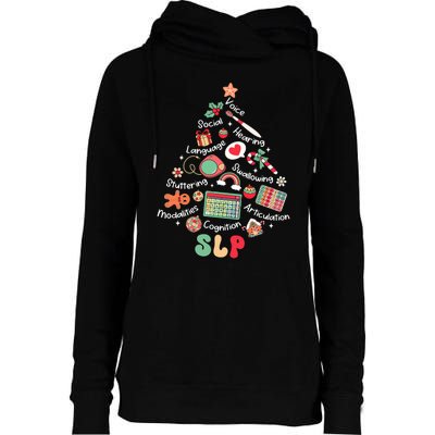 Speech Therapy Christmas Tree Merry Xmas Slp Therapist Funny Womens Funnel Neck Pullover Hood