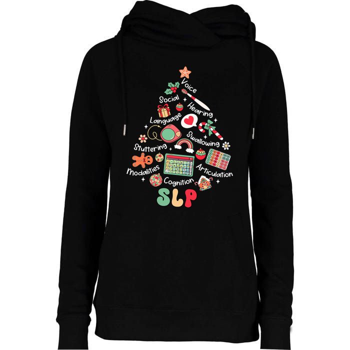 Speech Therapy Christmas Tree Merry Xmas Slp Therapist Funny Womens Funnel Neck Pullover Hood