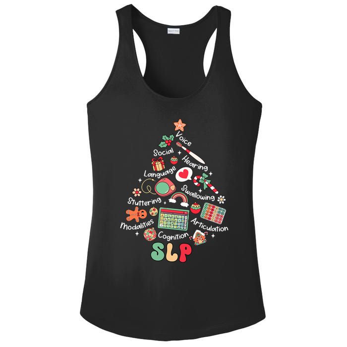 Speech Therapy Christmas Tree Merry Xmas Slp Therapist Funny Ladies PosiCharge Competitor Racerback Tank