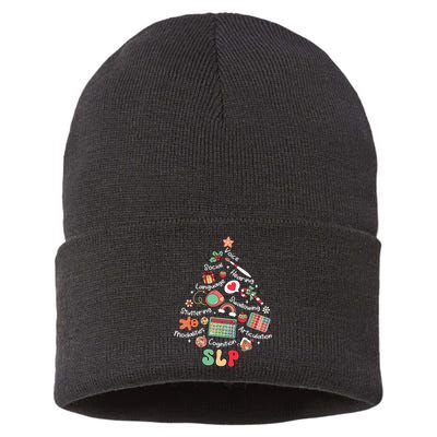 Speech Therapy Christmas Tree Merry Xmas Slp Therapist Funny Sustainable Knit Beanie