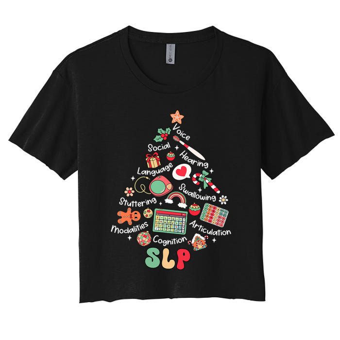 Speech Therapy Christmas Tree Merry Xmas Slp Therapist Funny Women's Crop Top Tee