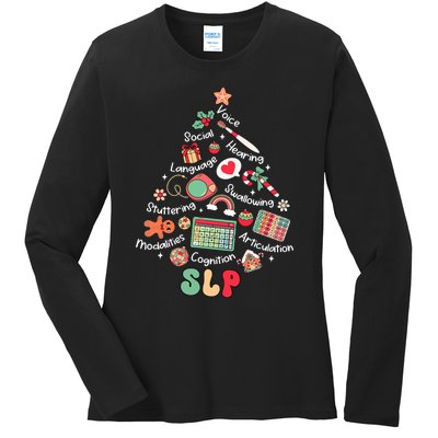 Speech Therapy Christmas Tree Merry Xmas Slp Therapist Funny Ladies Long Sleeve Shirt