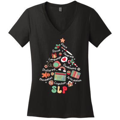 Speech Therapy Christmas Tree Merry Xmas Slp Therapist Funny Women's V-Neck T-Shirt