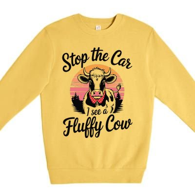 Stop The Car I See Fluffy Cow Retro Highland Cow Lover Funny Premium Crewneck Sweatshirt