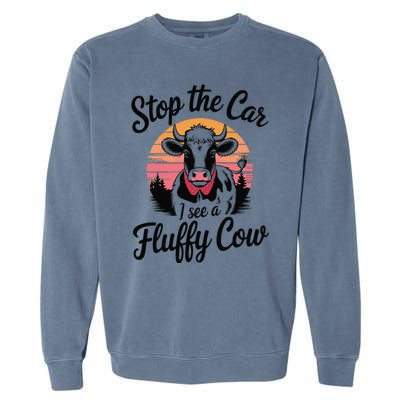 Stop The Car I See Fluffy Cow Retro Highland Cow Lover Funny Garment-Dyed Sweatshirt