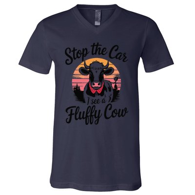 Stop The Car I See Fluffy Cow Retro Highland Cow Lover Funny V-Neck T-Shirt