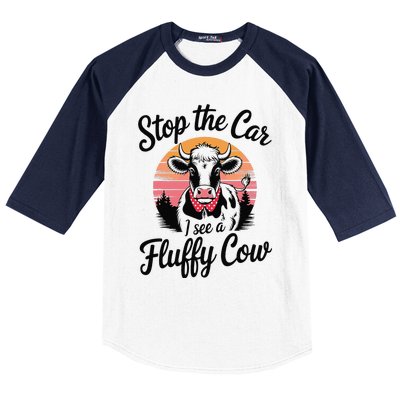 Stop The Car I See Fluffy Cow Retro Highland Cow Lover Funny Baseball Sleeve Shirt