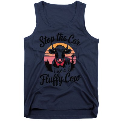 Stop The Car I See Fluffy Cow Retro Highland Cow Lover Funny Tank Top