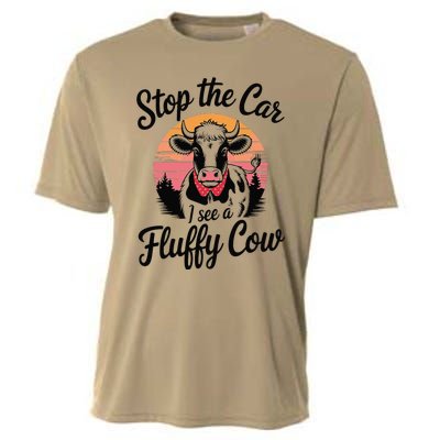 Stop The Car I See Fluffy Cow Retro Highland Cow Lover Funny Cooling Performance Crew T-Shirt