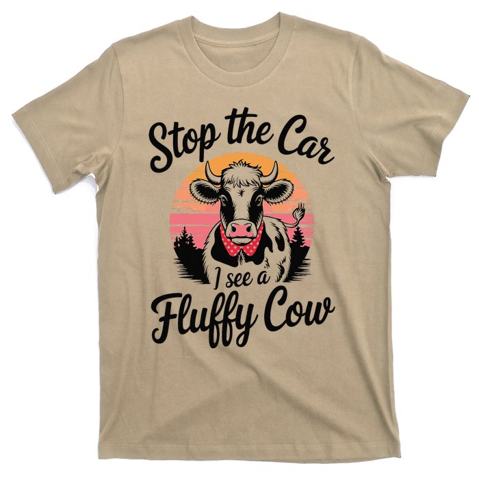 Stop The Car I See Fluffy Cow Retro Highland Cow Lover Funny T-Shirt