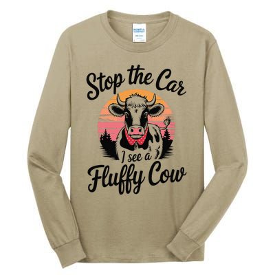 Stop The Car I See Fluffy Cow Retro Highland Cow Lover Funny Tall Long Sleeve T-Shirt