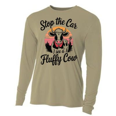 Stop The Car I See Fluffy Cow Retro Highland Cow Lover Funny Cooling Performance Long Sleeve Crew