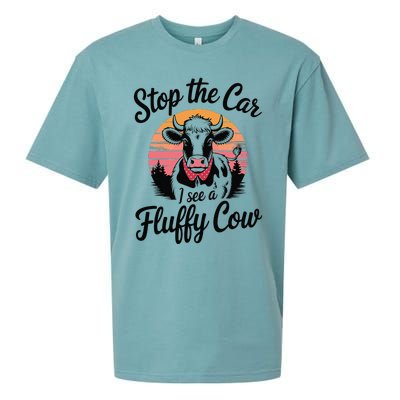 Stop The Car I See Fluffy Cow Retro Highland Cow Lover Funny Sueded Cloud Jersey T-Shirt