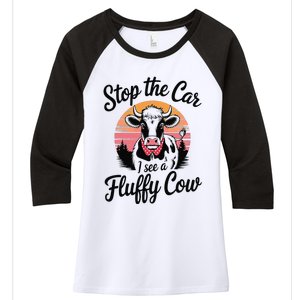 Stop The Car I See Fluffy Cow Retro Highland Cow Lover Funny Women's Tri-Blend 3/4-Sleeve Raglan Shirt