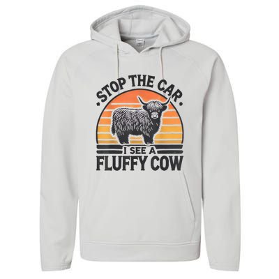 Stop The Car I See Fluffy Cow Retro Highland Cow Lover Funny Performance Fleece Hoodie