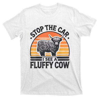 Stop The Car I See Fluffy Cow Retro Highland Cow Lover Funny T-Shirt