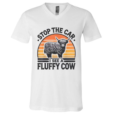 Stop The Car I See Fluffy Cow Retro Highland Cow Lover Funny V-Neck T-Shirt