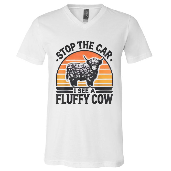 Stop The Car I See Fluffy Cow Retro Highland Cow Lover Funny V-Neck T-Shirt