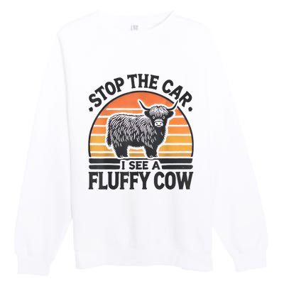 Stop The Car I See Fluffy Cow Retro Highland Cow Lover Funny Premium Crewneck Sweatshirt