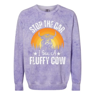 Stop The Car I See A Fluffy Cow Retro Highland Cow Lover Colorblast Crewneck Sweatshirt