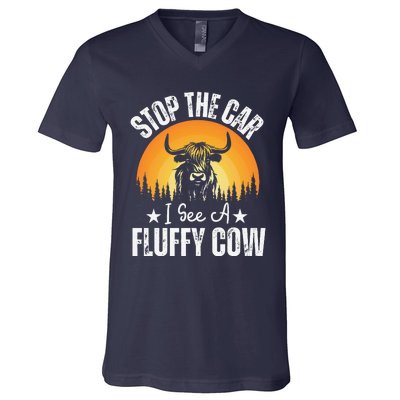 Stop The Car I See A Fluffy Cow Retro Highland Cow Lover V-Neck T-Shirt