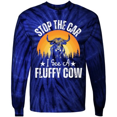 Stop The Car I See A Fluffy Cow Retro Highland Cow Lover Tie-Dye Long Sleeve Shirt