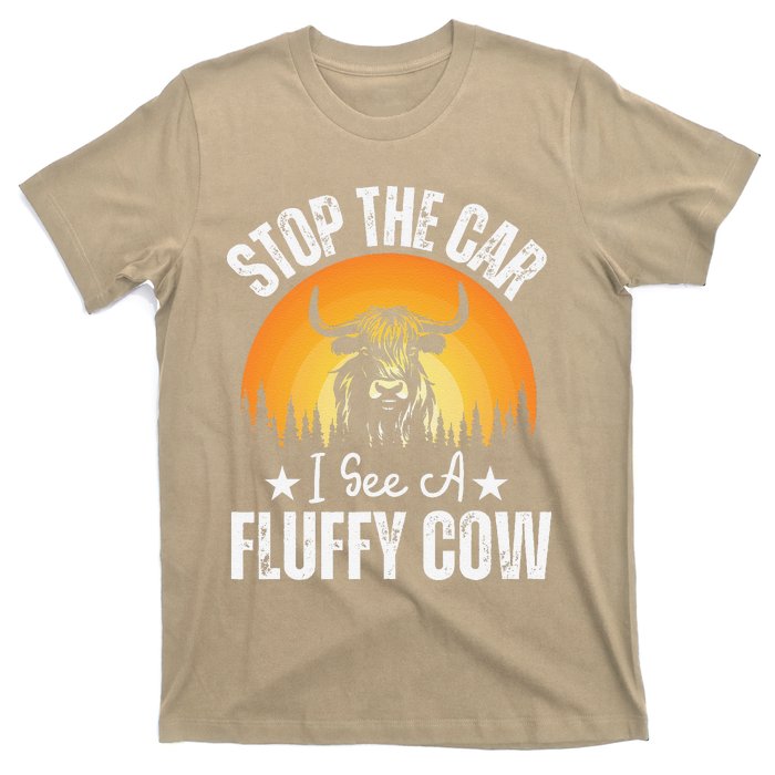 Stop The Car I See A Fluffy Cow Retro Highland Cow Lover T-Shirt