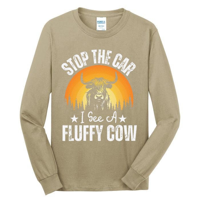 Stop The Car I See A Fluffy Cow Retro Highland Cow Lover Tall Long Sleeve T-Shirt