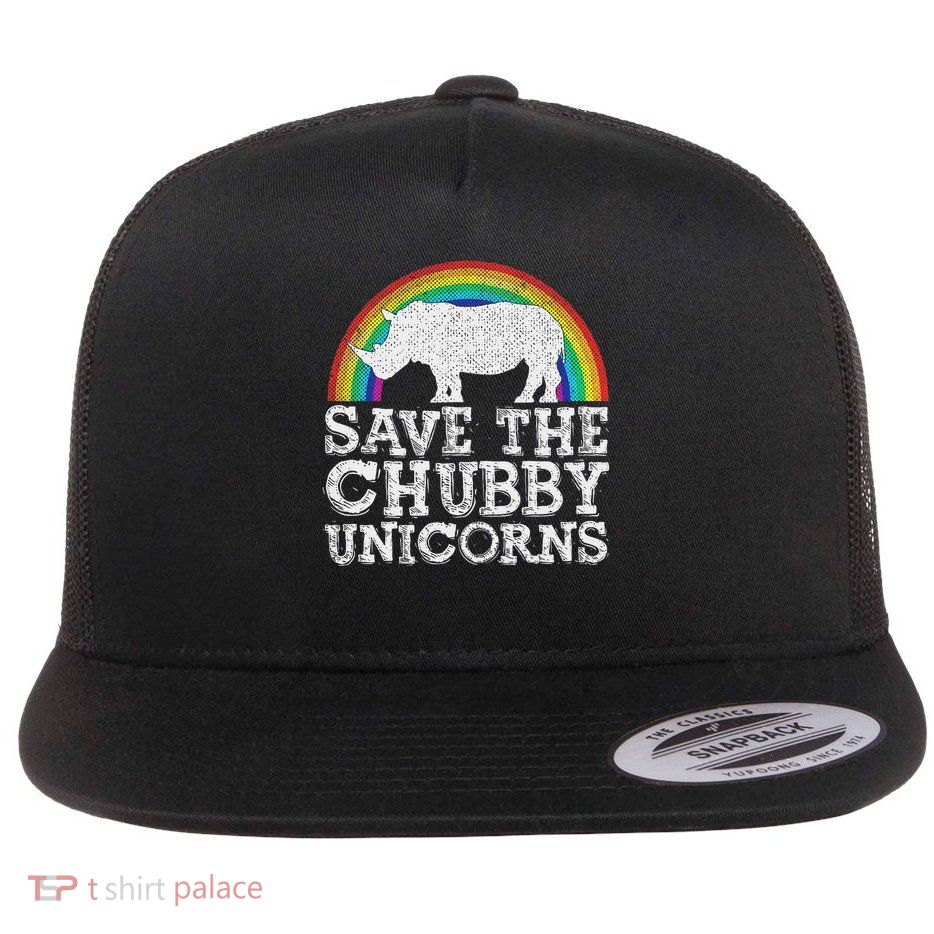 Save The Chubby Unicorns Gift Rhino Conservation Rainbow Flat Bill Trucker Hat
