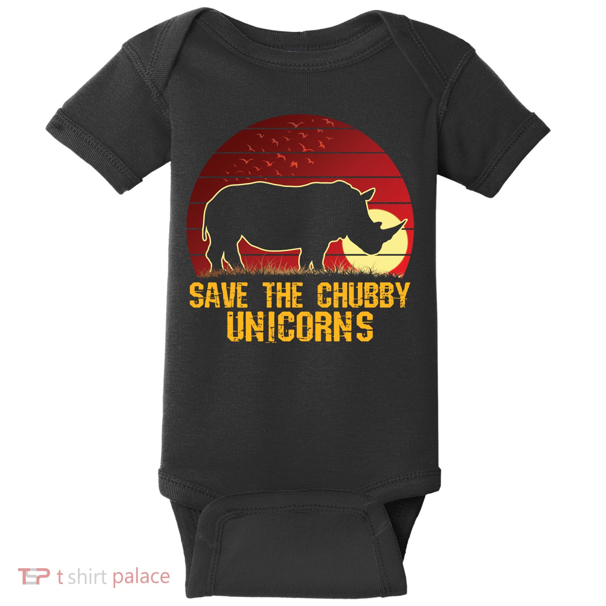 Save The Chubby Unicorns African Sunset Rhino Baby Bodysuit