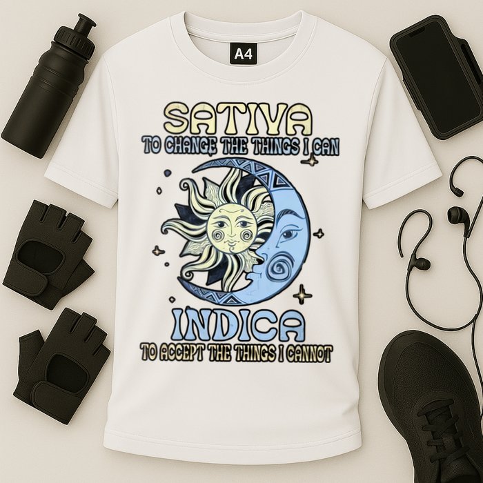 Sativa To Change The Things I Can Indica Cannabis Weed Sun Moon 420 Day Cooling Performance Crew T-Shirt