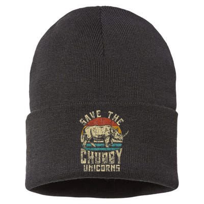 save the chubby unicorn rhino retro vintage Sustainable Knit Beanie