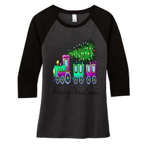 Steam Train Christmas Light Tree Railroad Pajama Xmas Women's Tri-Blend 3/4-Sleeve Raglan Shirt