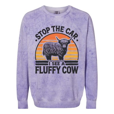 Stop The Car I See Fluffy Cow Retro Highland Cow Lover Funny Colorblast Crewneck Sweatshirt