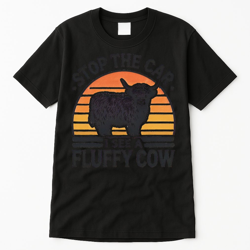 Stop The Car I See Fluffy Cow Retro Highland Cow Lover Funny Tall T-Shirt