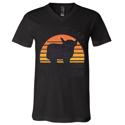 Stop The Car I See Fluffy Cow Retro Highland Cow Lover Funny V-Neck T-Shirt