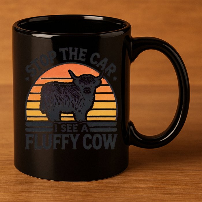 Stop The Car I See Fluffy Cow Retro Highland Cow Lover Funny 11oz C Handle Ceramic Mug