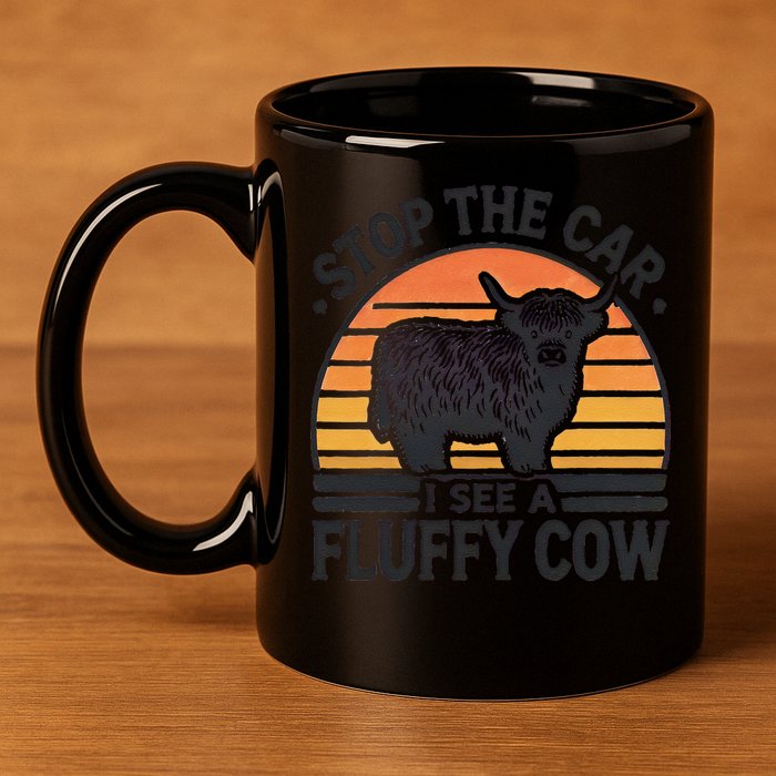 Stop The Car I See Fluffy Cow Retro Highland Cow Lover Funny 11oz C Handle Ceramic Mug