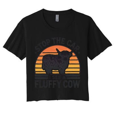 Stop The Car I See Fluffy Cow Retro Highland Cow Lover Funny Women's Crop Top Tee