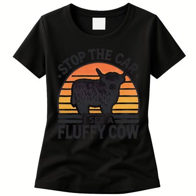 Stop The Car I See Fluffy Cow Retro Highland Cow Lover Funny Womens T-Shirt