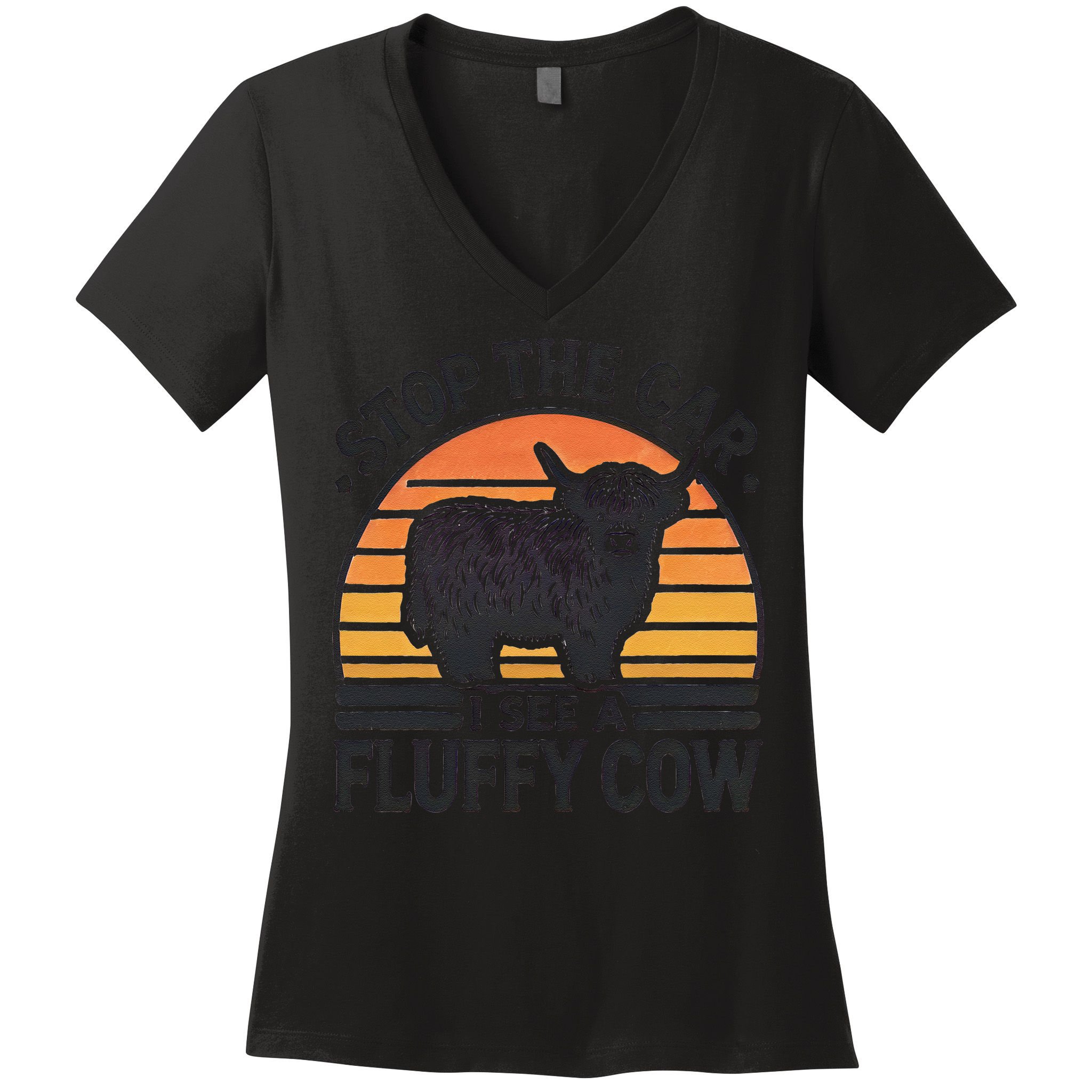 Stop The Car I See Fluffy Cow Retro Highland Cow Lover Funny Women's V-Neck T-Shirt
