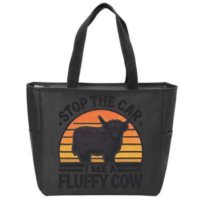 Stop The Car I See Fluffy Cow Retro Highland Cow Lover Funny Zip Tote Bag