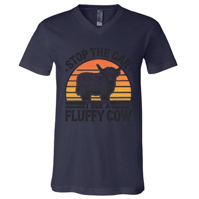 Stop The Car I See Fluffy Cow Retro Highland Cow Lover Funny V-Neck T-Shirt