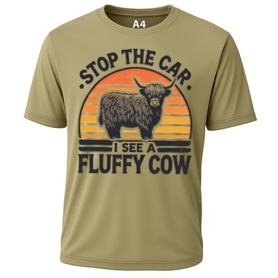 Stop The Car I See Fluffy Cow Retro Highland Cow Lover Funny Cooling Performance Crew T-Shirt